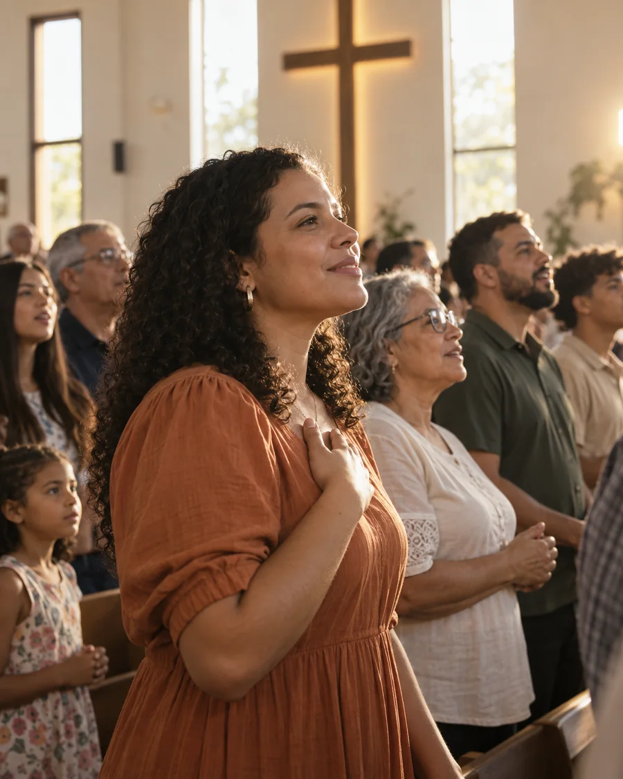 Pessoas reunidas em um culto na igreja