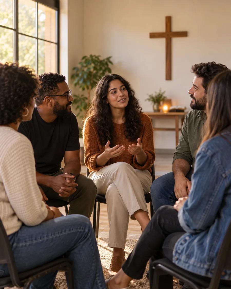 Pequeno grupo conversando em uma sala da igreja