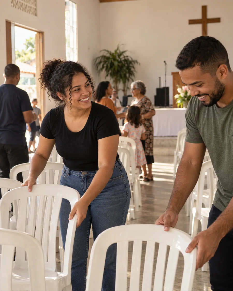 Voluntários preparando um espaço para encontro da comunidade