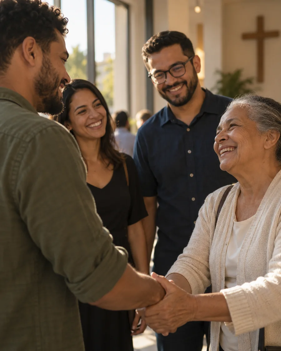 Pessoas se cumprimentando depois de um encontro na igreja